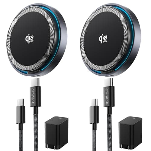 THREEKEY for MagSafe Charger, 2 Pack Qi2 25W Fast Charging Pad with Cooling Fan, Magnetic Wireless Charger with 6.6ft Cable for iPhone 17/16/15/14 Series (45W Adapter Included)