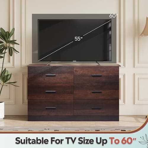 WLIVE Wooden Dresser for Bedroom, Wide Chest of Drawers with 6 Drawers, Large Brown Storage Tower Unit, Modern Minimalist Closet Store Organizer for Living Room, Hallway 5