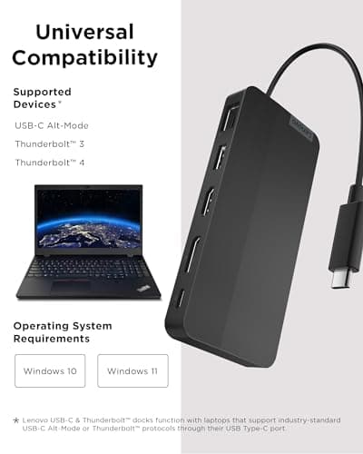 Lenovo USB-C Dual Display Travel Dock - 7 Ports, Integrated USB-C Cable, Universal Compatibility, Dual Displays at 4K - Black 5