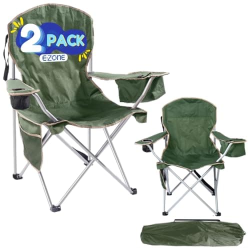 EZONE 2-Pack Camping Chairs with Built-in Ice Cooler, Portable Chair, Storage Pocket, Cup Holder, and Carry Bag Perfect for Camping, Tailgating, Fishing, Beach, and Lawn (2, Olive Green)