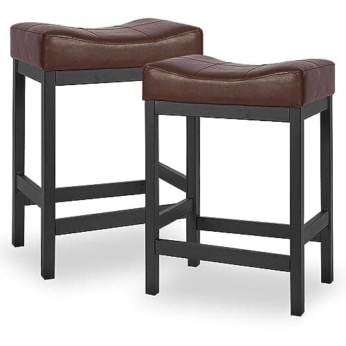 KATDANS Bar Stools Set of 2, Counter Height Stools 24 Inch Saddle Stools, PU Leather Modern Kitchen Barstools with Metal Base, KS861P-Brown, 2Pcs