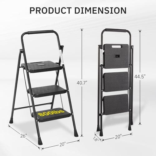 Simple Deluxe Step Stool Foldable, 3 Step Ladder Portable Ladder with Wide Anti-Slip Pedal, Step Stool for, Lightweight Step Ladder for Home Kitchen and Outdoor, Dark Brown 6
