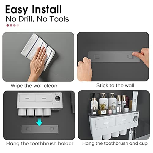 iHave Toothbrush Holders for Bathrooms, 4 Cups Toothbrush Holder Wall Mounted with Toothpaste Dispenser - Large Capacity Tray, 2 Cosmetic Drawer - Bathroom Organizer & Bathroom Accessories Set 5