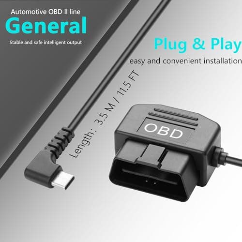 CERRXIAN OBD Power Cable for Dash Camera OBD2 to Type C Adapter Hardwire Charger Cable 24 Hours Surveillance/Acc Mode with Low Voltage Protection 13-40V to 5V 3A (11.5FT/3.5M) (Right Angle USB C) 6