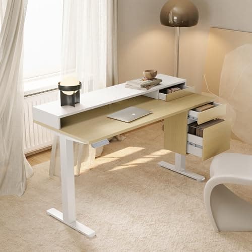 HUANUO Electric Standing Desk with File Cabinet, 47 Inch Height Adjustable Desk with Storage Drawers, Ergonomic Stand Up Table Compatible with Monitor Stand, Light Walnut