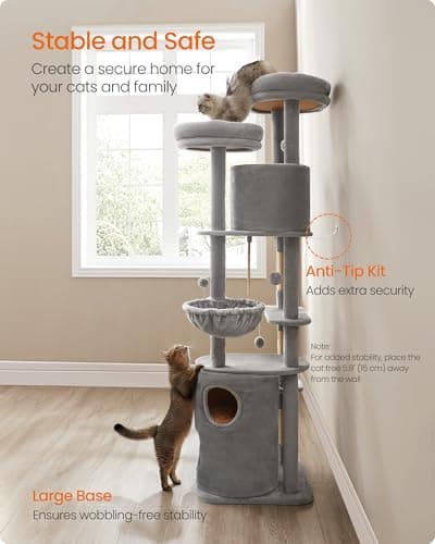 Feandrea Cat Tree, 77-Inch Tall Cat Tower for Large Cats, Multi-Level Plush Cat Condo with 2 Perches, 3 Caves, 2 Baskets, 5 Scratching Posts, 4 Pompoms, Self-Groomers, Light Gray UPCT153W01 5