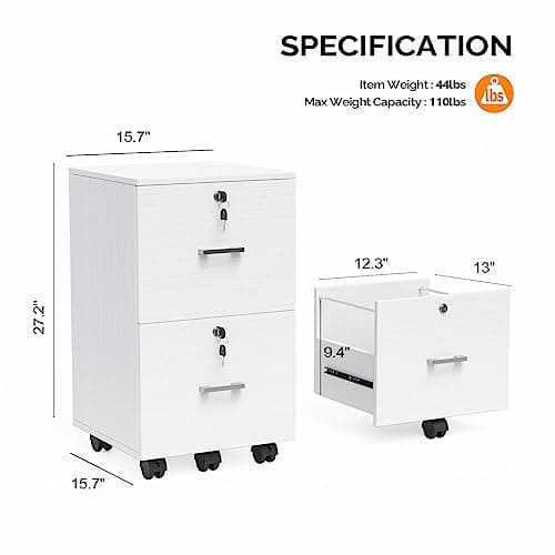 VINGLI 2 Drawer File Cabinet with Lock, Wood Grain White File Cabinets for Letter Size File Folders with Tabs, Mobile Under Desk Filing Cabinets for Home Office, Rolling Filing Cabinet Printer Stand 3