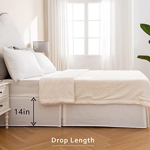 MIYE Pleated Waffle Weave Bed Skirt, Tailored Dust Ruffle 14 Inch Drop Easy Fit, Machine Washable,No Split Corners (White, Queen - 14" Drop) 5
