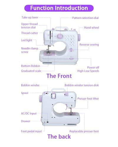 Sewing Machine for Beginners,Portable Sewing Machine with 12 Built-in Stitches,2 Speed(High-Low Speeds),2 Power Supply Method,20 Pcs Fabric and 32 Pcs Sewing Threads Kit,- (White and Purple) 8