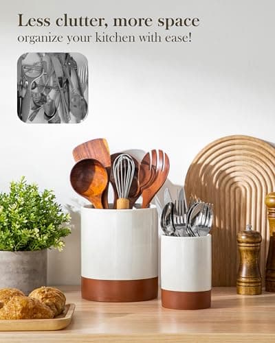 MALACASA Utensil Holder, 7.3"+5.5" Ceramic Kitchen Utensil Holder for Countertop, Large Cooking Utensil Crocks for Kitchen Counter, Farmhouse Utensils Organizer, Set of 2, Khaki White, Series TARA 8