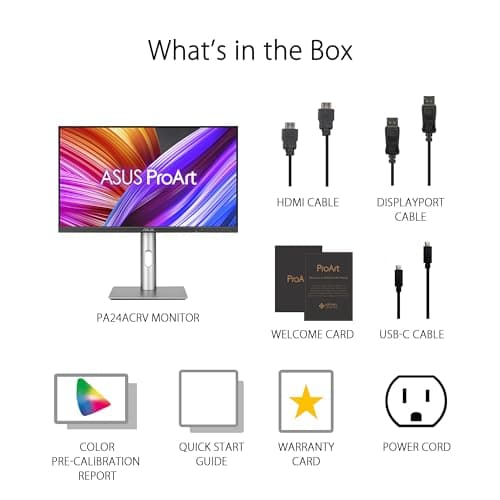 ASUS ProArt Display 24” (23.8 inch viewable) 1440P Professional Monitor (PA24ACRV) – IPS, QHD (2560 x 1440),Pre-Calibrated, 95% DCI-P3, ΔE < 2, Calman Verified, USB-C PD 96W, HDR400, 3 yr Warranty 7