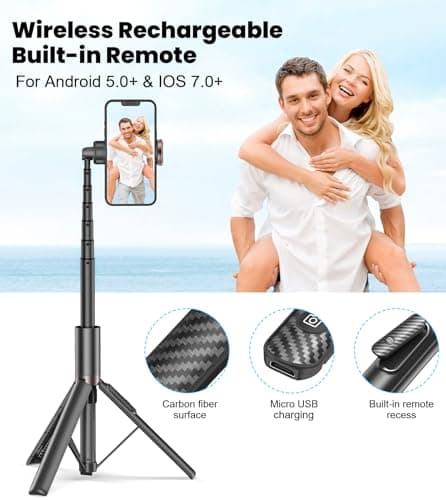 TONEOF 60" Selfie Stick Tripod for Video,All-in-1 Extendable Cell Phone Stand with Integrated Remote,360° Rotate Lightweight & Portable Tripod for 4-7” iPhone/Android/Photo & Video Kits/Travel 7