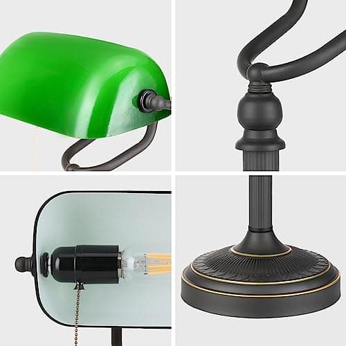 Newrays Antique Green Glass Bankers Desk Lamp with Pull Chain Switch Plug in Fixture 6