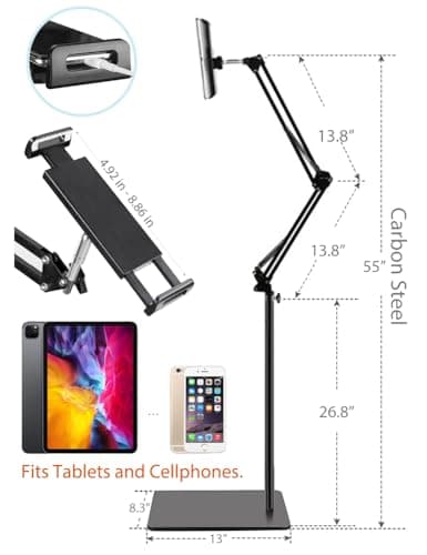 BluuSuuk Tablet Floor Stand with Double Weight Base, Overhead Bed Phone Mount Height Adjustable Arm Stretchable Stand Holder, Compatible with iPad Mini Air Pro, Galaxy Tab, Kindle, Switch, Cell Phones 6
