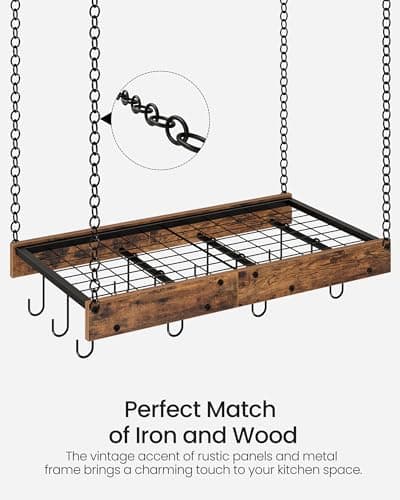 CHOEZON Hanging Pot Rack, Vintage Pot Hangers for Kitchen, Ceiling Mounted Pot Rack, Pot and Pan Hanging Rack with 12 S-Shaped Hooks, for Cookware Storage, Rustic Brown and Black TPR01BF 6