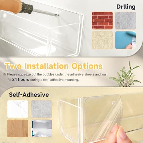 GTJ Acrylic Shelves, 2-Pack Spice Rack Wall Mount, Clear Book Shelves for Wall, Spice Organization, Vinyl Wall Mount, Cabinet, Pantry Door, Kitchen, Bedroom, Self-Adhesive and Drilling 7