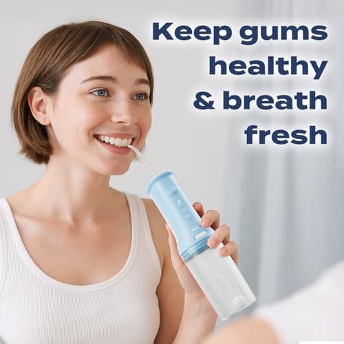 7AM2M Portable Water Flosser Cordless, Water Flosser with 3 Modes and 2 Jet Tips, USB C Rechargeable, IPX7 Waterproof, Dental Water Flosser for Travel and Home Use (Light Blue) 6