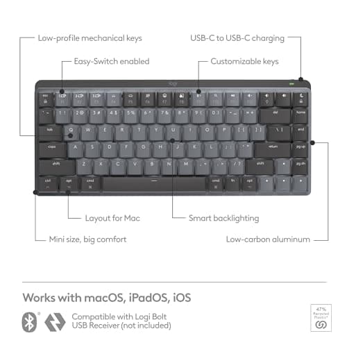 Logitech MX Mechanical Mini for Mac Wireless Illuminated Keyboard, Low-Profile Performance Switches, Tactile Quiet Keys, Backlit, Bluetooth, USB-C, Apple, iPad - Space Grey 7