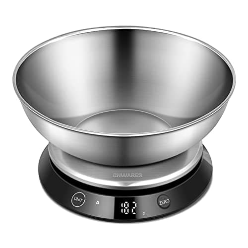 CHWARES Digital Kitchen Food Scale with Bowl Stainless Steel, Rechargeable Digital Scales Grams and Ounces for Weight Loss, Dieting, Baking, Cooking, and Meal Prep, 11lb/5kg, 0.1oz/1g