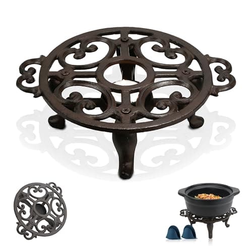 Linton Arts Cast Iron Teapot Warmer, Tea Pot Warmer with Tealight Holder, Portable Wind-Resistant Tea Pot Warmer Base with Candles & Pinch Mitts, for Heat Food Coffee Milk or Tea