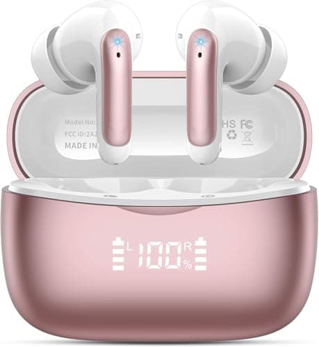 Wireless Earbuds, HiFi Stereo Bluetooth 5.3 Headphones Noise Canceling with 4 ENC Mic, 56H Playtime Wireless Earphones with LED Display, IP7 Waterproof In Ear Headphones, Ear Buds for Android iOS.Pink