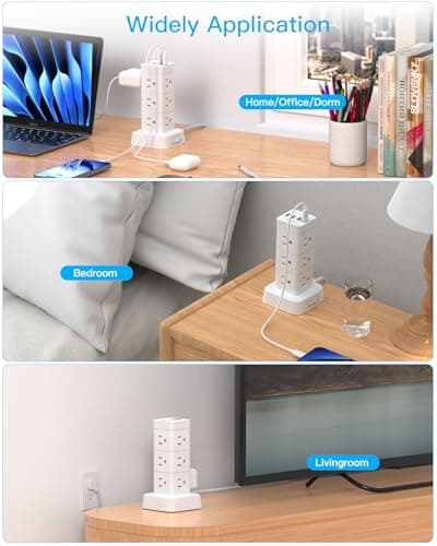 Surge Protector Power Strip Tower, 12 Outlets 4 USB (2 USB C) Desktop Charging Station for Multiple Devices, 6Ft Flat Plug Extension Cord with Multiple Outlets, Home Office College Dorm Essentials 7