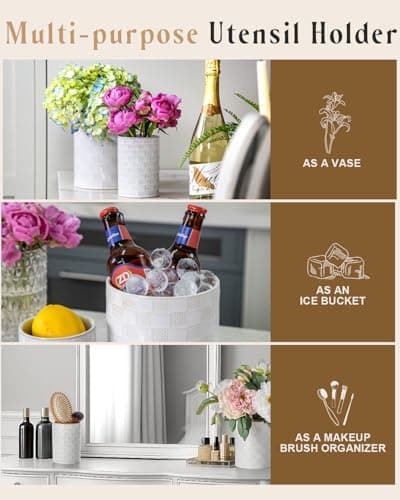 Nucookery Utensil Holder, Extra Large Ceramic Utensil Crock for Kitchen Counter, Stable Spatula & Flatware Organizer, Farmhouse Embossed Kitchen Decor, Set of 2 (Checkered) 7