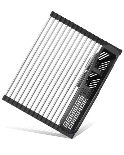 CLNGAI Roll Up Dish Drying Rack,Expandable Over The Sink Dish Drainer,Stainless Steel Kitchen Rolling Sink Rack with Utensil Holder,Length Up to 22.3" (Black)