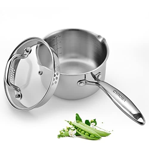 Stainless Steel Saucepan with Glass Lid, 2.0 Quart Multipurpose Sauce Pan, Sauce Pot with for Easy Pour with Ergonomic Handle