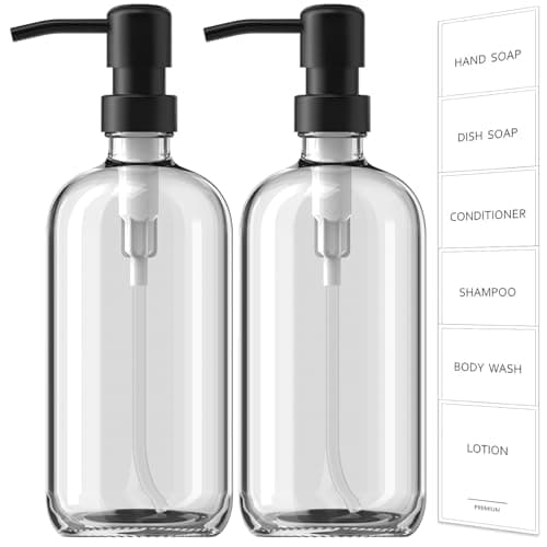 GMISUN Glass Soap Dispenser with Pump, 2 Pack Clear Bathroom Hand Soap Dispenser with Stainless Steel Pump, 17 Fl Oz Refillable Kitchen Hand and Dish Soap Dispensers Set, Modern Liquid Pump Bottles