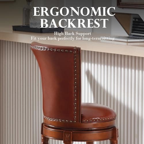 RAINMOOD High Back Swivel Bar Stool,Solid Wood Barstool with Full-Grain Genuine Leather, Barchair Counter Height Stool for Kitchen Island & Pub 6