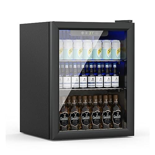 Erivess Compact Beverage Refrigerator,70 Can/1.6 Cubic Feet Fridge with Glass Front Door for Soda, Beer or Wine, Under Counter Small Refrigerator with Adjustable Shelve & Digital Display