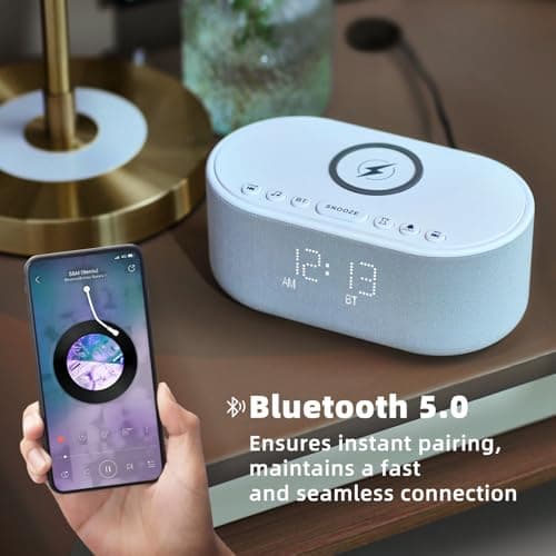 Sound Machine Alarm Clock Wireless Charger: Bluetooth 10W Stereo Sound Speaker Bedroom - White Noise Machine for Sleeping with 21 Soothing Sounds 7