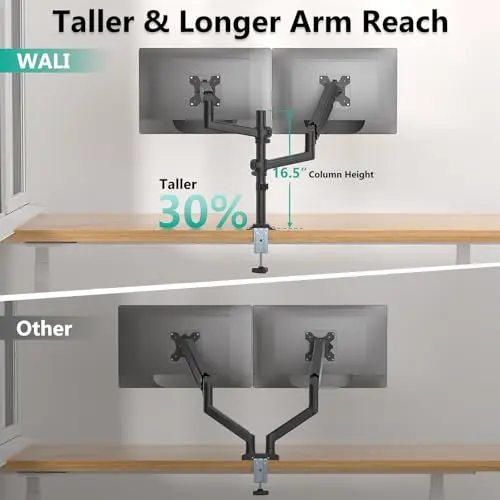 WALI Dual Monitor Mount, 13-32 Inch Adjustable Spring Dual Monitor Arm for Desk Holds Max 19.8 lbs Screens, Swivel Vesa Bracket with C Clamp, Grommet Mounting, Monitor Arms for 2 Monitors (GSDM002) 7