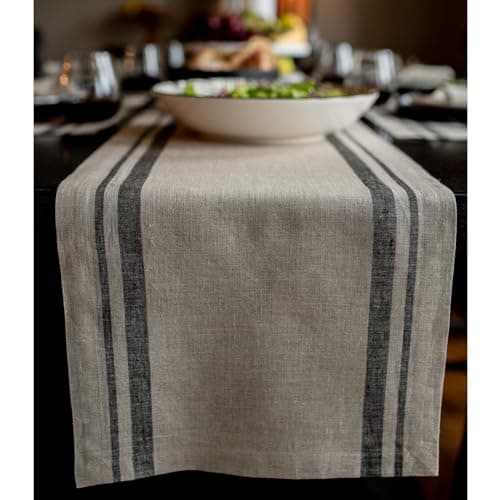 Solino Home Linen Table Runner 48 Inches - French Stripe, 100% Pure Linen Black and Natural Farmhouse Table Runner 14 x 48 Inch Ideal for Dresser and Coffee Tables - Spring, Easter