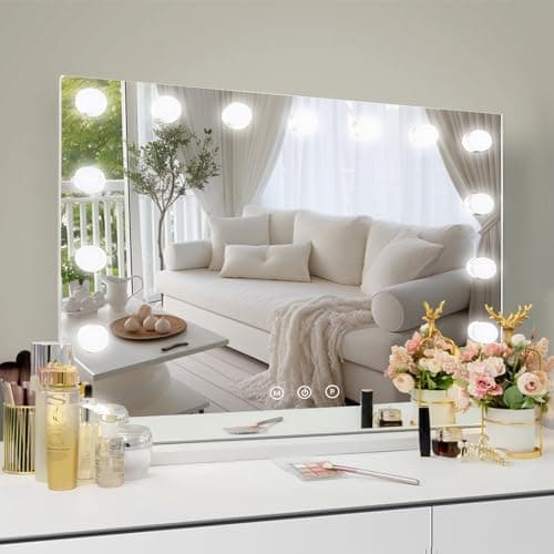 MKupView 22.8" x 18.2" Wall-Mounted Mirror Vanity Mirror with Lights White Makeup Mirror Hollywood Mirror with 15 Dimmable LED Bulbs 3 Color Modes 10X Magnification & USB Charging Port 7
