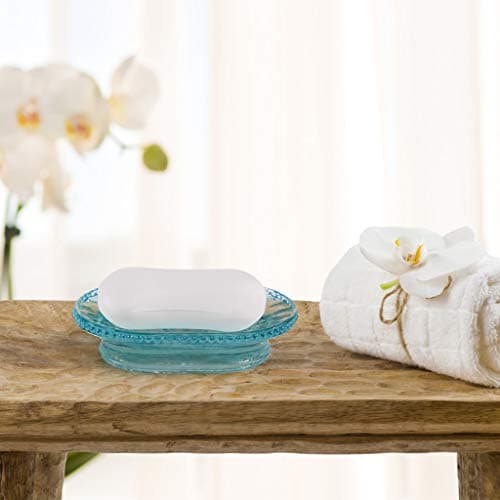MDLUU Glass Soap Dish, Embossed Bar Soap Holder, Decorative Soap Saver Tray, Vintage Bar Soap Dish for Shower, Bathtub, Bathroom Sink, Kitchen Sink, Pack of 2 (Blue) 5