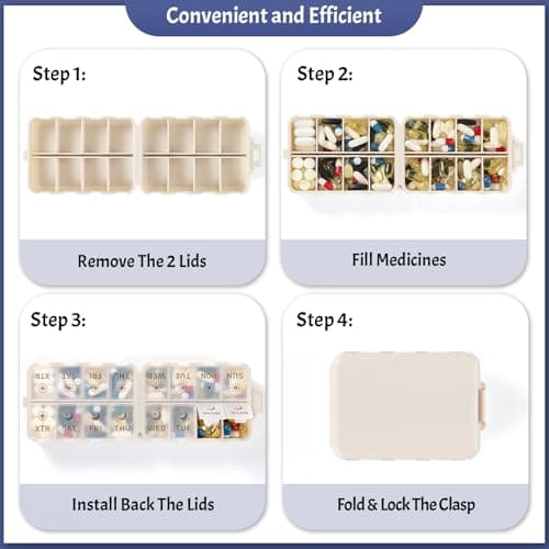 Foldable & Portable Pill Organizer 2 Times A Day with Extra Compartments - Etched Labels - Weekly 7 Day AM PM Medicine Box, Week Daily Travel Pill Case Holder Dispenser for Vitamin, Supplement - Khaki 5