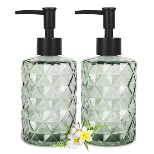 YCWF Green Glass Soap Dispenser Set with Pump,2 Pack/12 OZ Liquid Hand Soap Dispenser,Refillable Lotion & Dish Soap Dispenser for Kitchen and Bathroom(Light Dark Green)