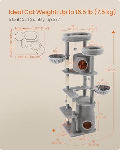 Feandrea Cat Tree, 77-Inch Tall Cat Tower for Large Cats, Multi-Level Plush Cat Condo with 2 Perches, 3 Caves, 2 Baskets, 5 Scratching Posts, 4 Pompoms, Self-Groomers, Light Gray UPCT153W01 6
