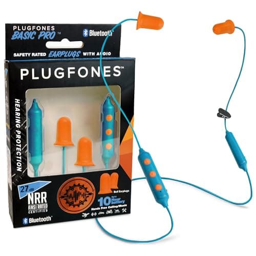 Plugfones Basic Pro Bluetooth Foam Earplug Headphones - 27 dB NRR Hearing Protection - OSHA Approved Noise-Isolating Wireless Earbuds with Mic & Controls - for Work & Everyday Use - (Blue & Orange)