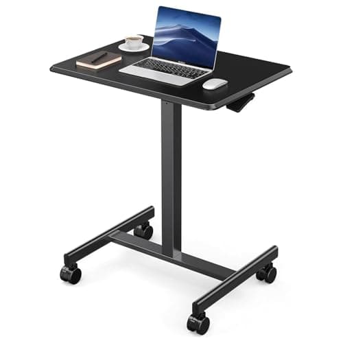 DUMOS Small Standing Desk Mobile Portable Rolling Laptop PC Table on Wheels Adjustable Height Computer Workstation for Home Office, 19 Inch, Black
