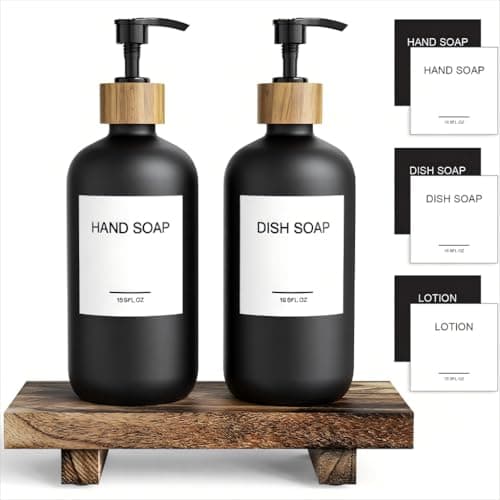 Cisily Black Soap Dispenser Set with Wooden Tray, Dish and Hand Soap Lotion Dispenser Set with Wooden Pump for Kitchen and Bathroom Decor for Counter, Modern Vintage Liquid Soap Dispensers