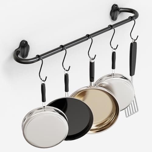 Mogaath Hanging Pot Pan Rack, Heavy Duty 5/8'' Diameter Adjustable Kitchen Organizer, 32 Inch Iron Wall Mounted Pot Rack Detachable Rail with 5 Hooks for Pots, Pans, Lids, Utensils, Matte Black