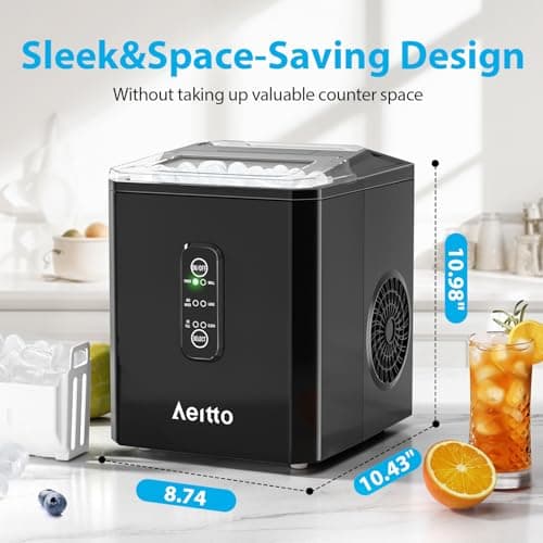 Aeitto Ice Makers Countertop, 9 Ice Cubes Release in 6 Mins, 26Lbs/24H, 2 Sizes of Bullet Ice Machine,Self-Cleaning Portable Ice Maker with Ice Scoop and Basket for Home Kitchen Office Bar RV, Black 6
