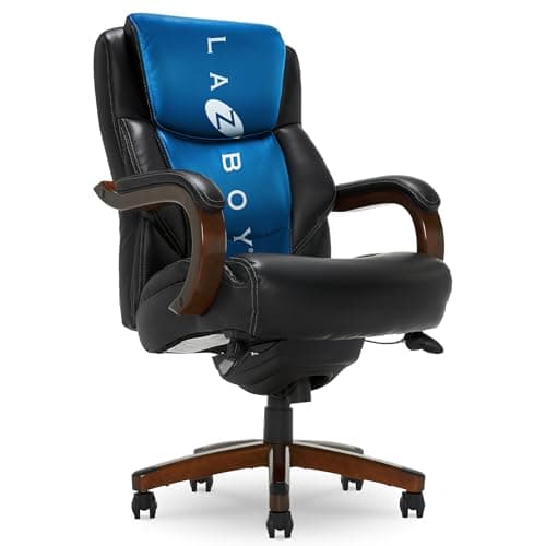 La-Z-Boy Delano Big and Tall Executive Office Chair - Ergonomic Lumbar Support Memory Foam - Bonded Leather Desk Chair for Home Office - Mahogany Wood Arms - Black