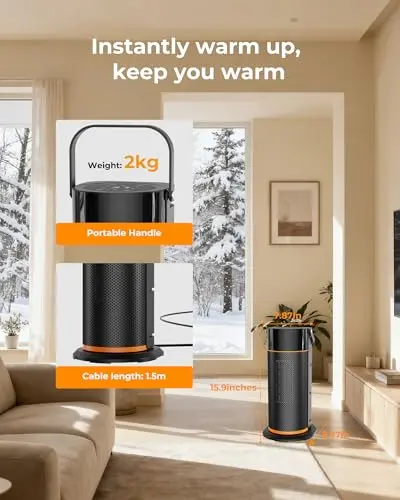 Space Heater - 1500W Portable Space Heaters for Indoor Use, PTC Ceramic Electric Heater with Remote, 4 Modes, 9H Timer, Low Noise, 70°Oscillation, Overheat & Tip-Over Protection for Office Home 7