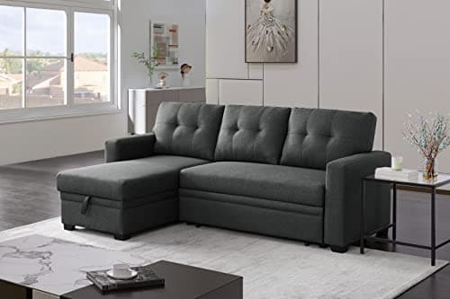 Devion Furniture L-Shape Reversible Linen Fabric Sleeper Sectional Sofa with Storage Chaise, Dark Gray Corner Couch with Arms for Living Room, Home Furniture, Apartment, Dorm