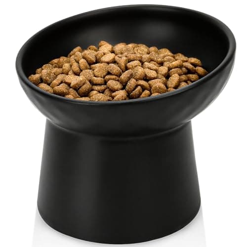 YauYik Raised Cat Bowl Black, Elevated Cat Food Bowls with Tilted Angle, Stress Free, Anti Vomiting, Ceramic Water Bowl for Cats Small Dogs Feeding Dish, 8 Ounces