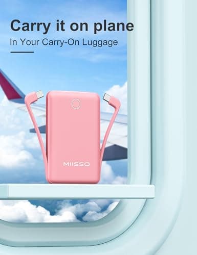 miisso 10000mAh Compatible with iPhone 15/16/17 and Android, Slim Portable Charger with Built in Cable, Power Bank Travel Charger External Battery Pack for Phone, 3 Output USB Type C Cord, Pink 6